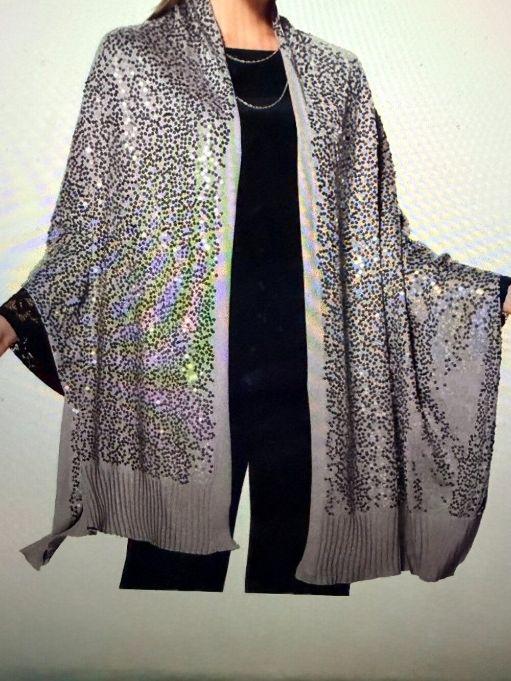 Iman Gloibal Chic Pewter Gray Sequin Wrap Pashmina Evening Wear Wedding Holiday